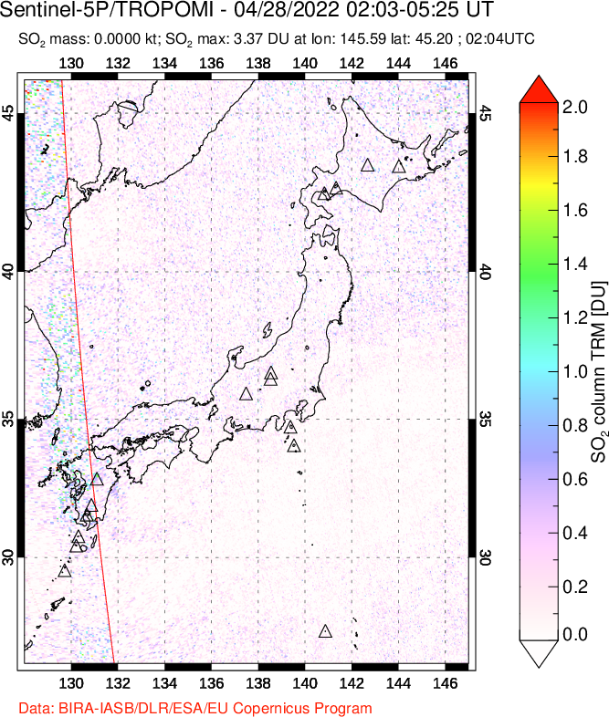 A sulfur dioxide image over Japan on Apr 28, 2022.