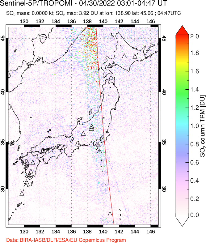 A sulfur dioxide image over Japan on Apr 30, 2022.