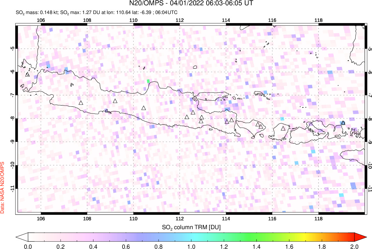 A sulfur dioxide image over Java, Indonesia on Apr 01, 2022.