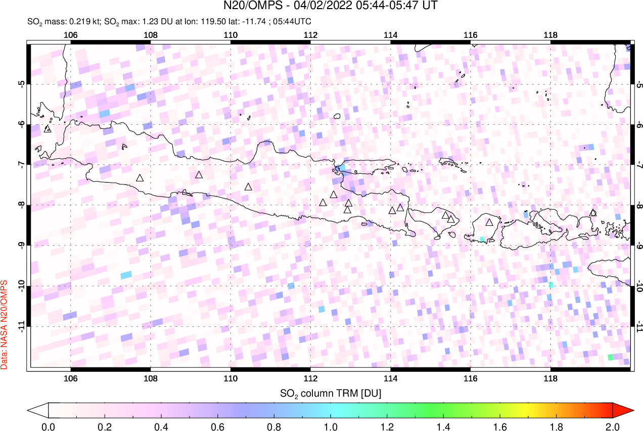 A sulfur dioxide image over Java, Indonesia on Apr 02, 2022.