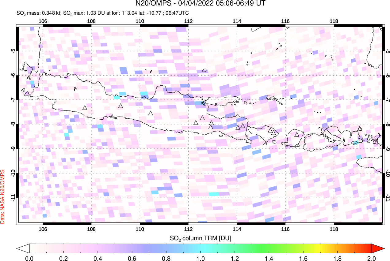 A sulfur dioxide image over Java, Indonesia on Apr 04, 2022.