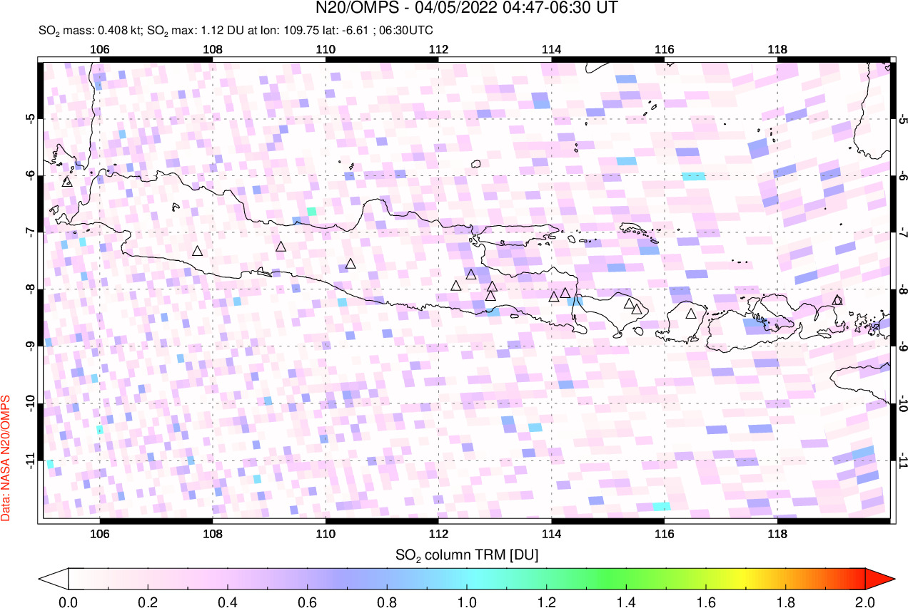 A sulfur dioxide image over Java, Indonesia on Apr 05, 2022.