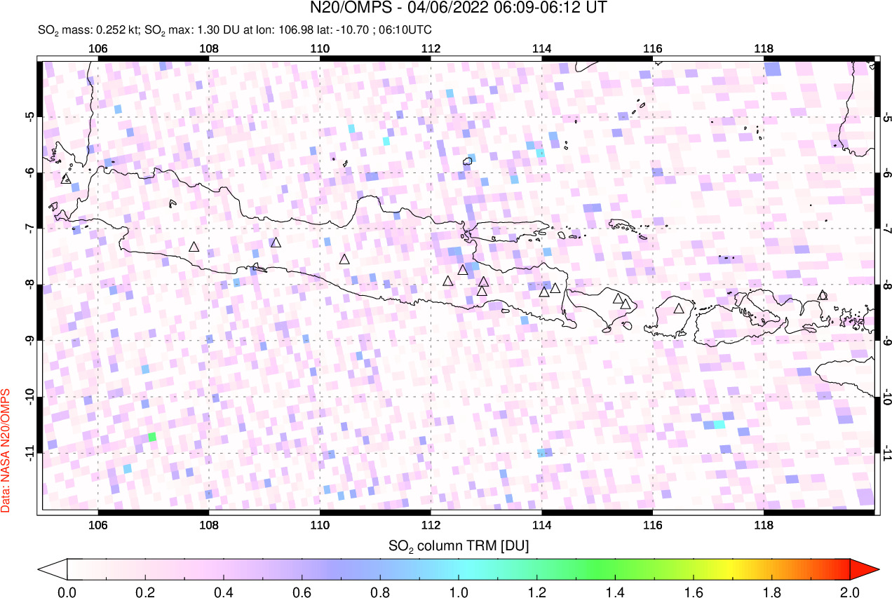 A sulfur dioxide image over Java, Indonesia on Apr 06, 2022.