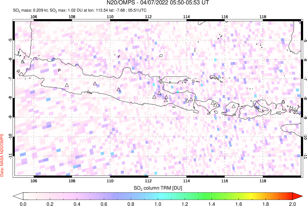 A sulfur dioxide image over Java, Indonesia on Apr 07, 2022.