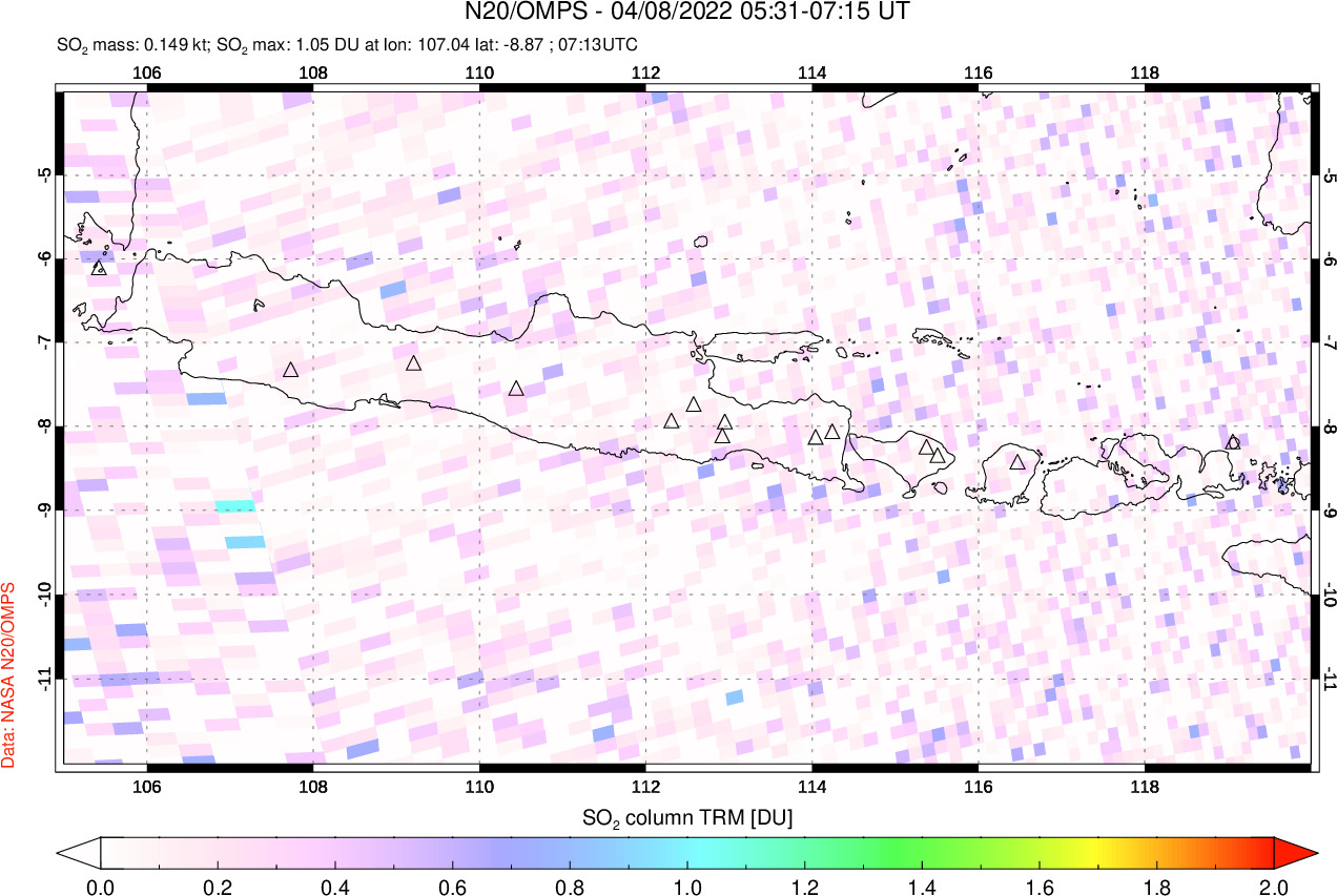 A sulfur dioxide image over Java, Indonesia on Apr 08, 2022.