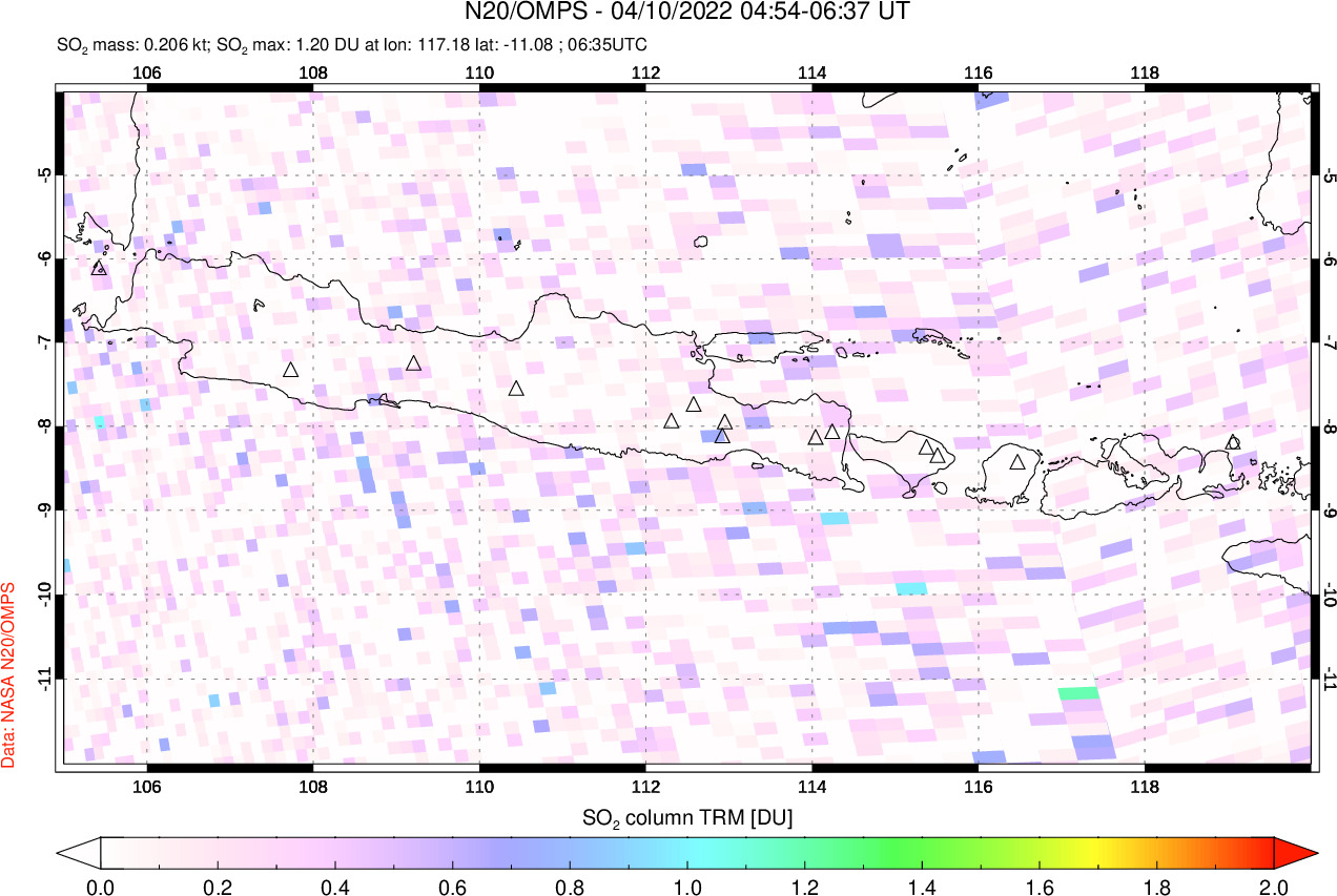 A sulfur dioxide image over Java, Indonesia on Apr 10, 2022.