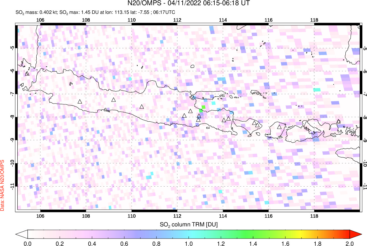 A sulfur dioxide image over Java, Indonesia on Apr 11, 2022.