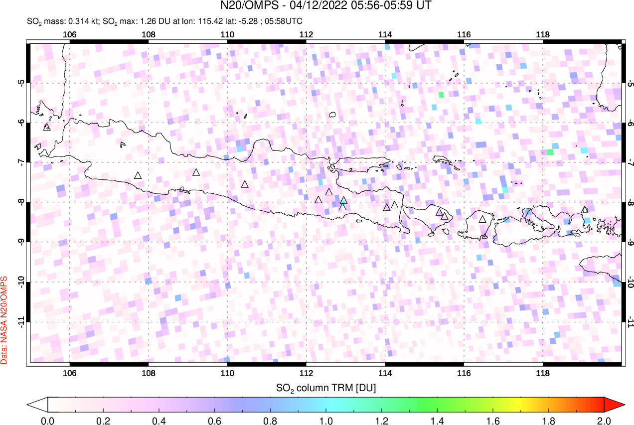 A sulfur dioxide image over Java, Indonesia on Apr 12, 2022.