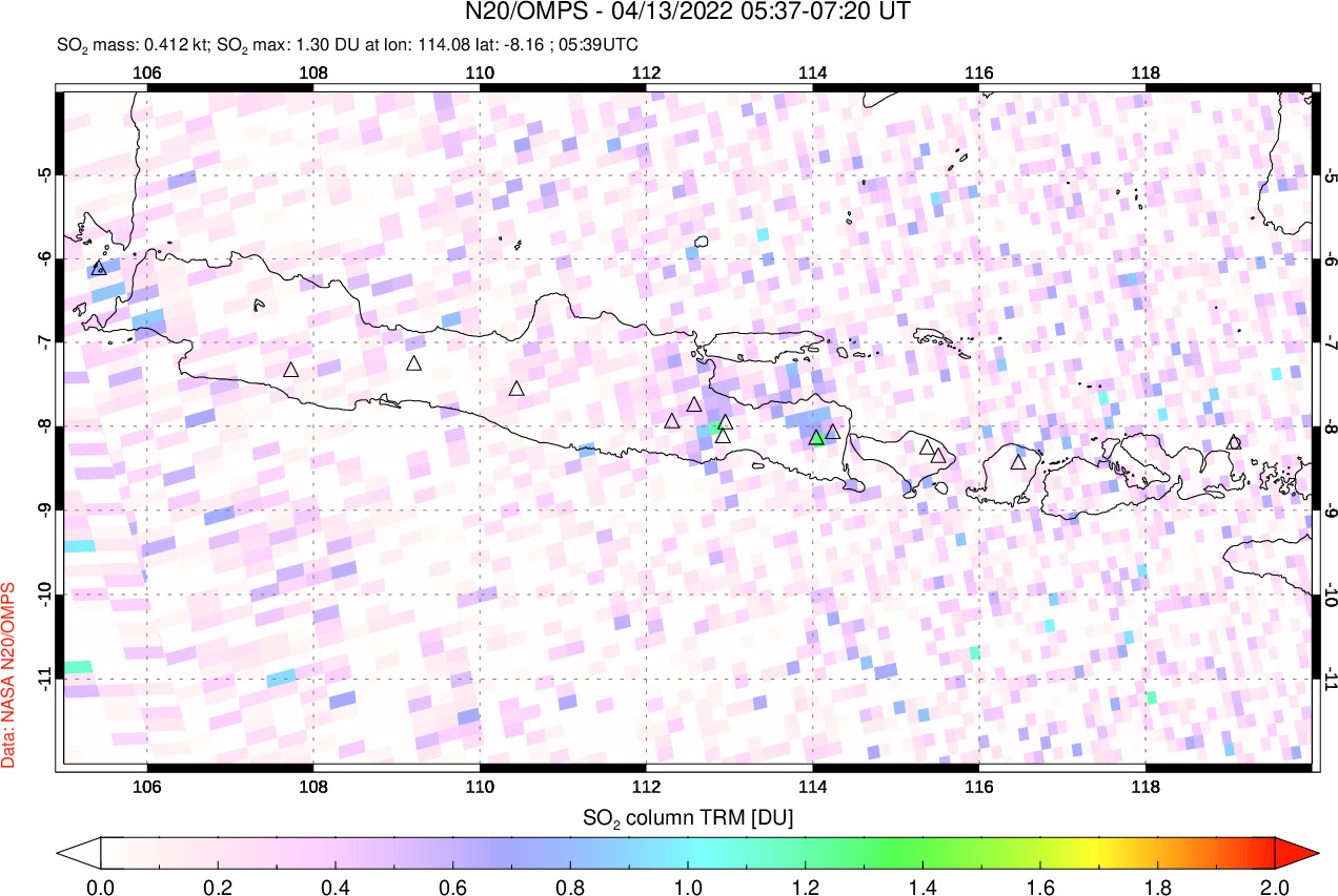 A sulfur dioxide image over Java, Indonesia on Apr 13, 2022.