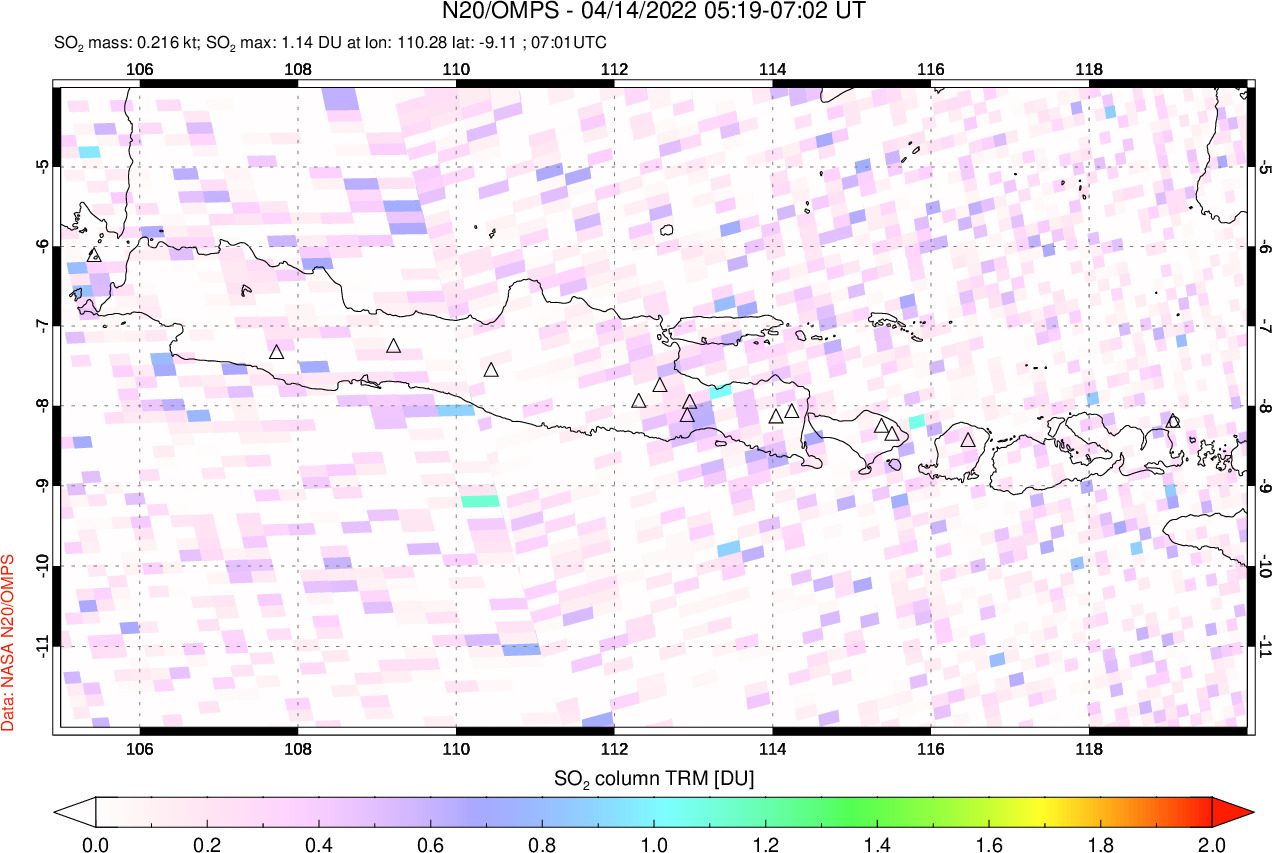 A sulfur dioxide image over Java, Indonesia on Apr 14, 2022.