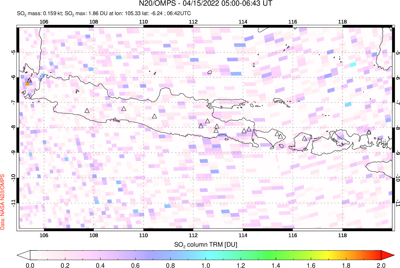 A sulfur dioxide image over Java, Indonesia on Apr 15, 2022.