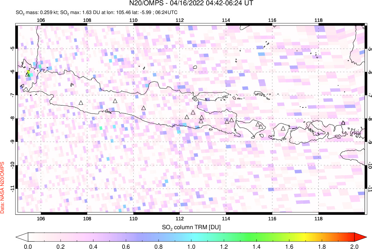 A sulfur dioxide image over Java, Indonesia on Apr 16, 2022.