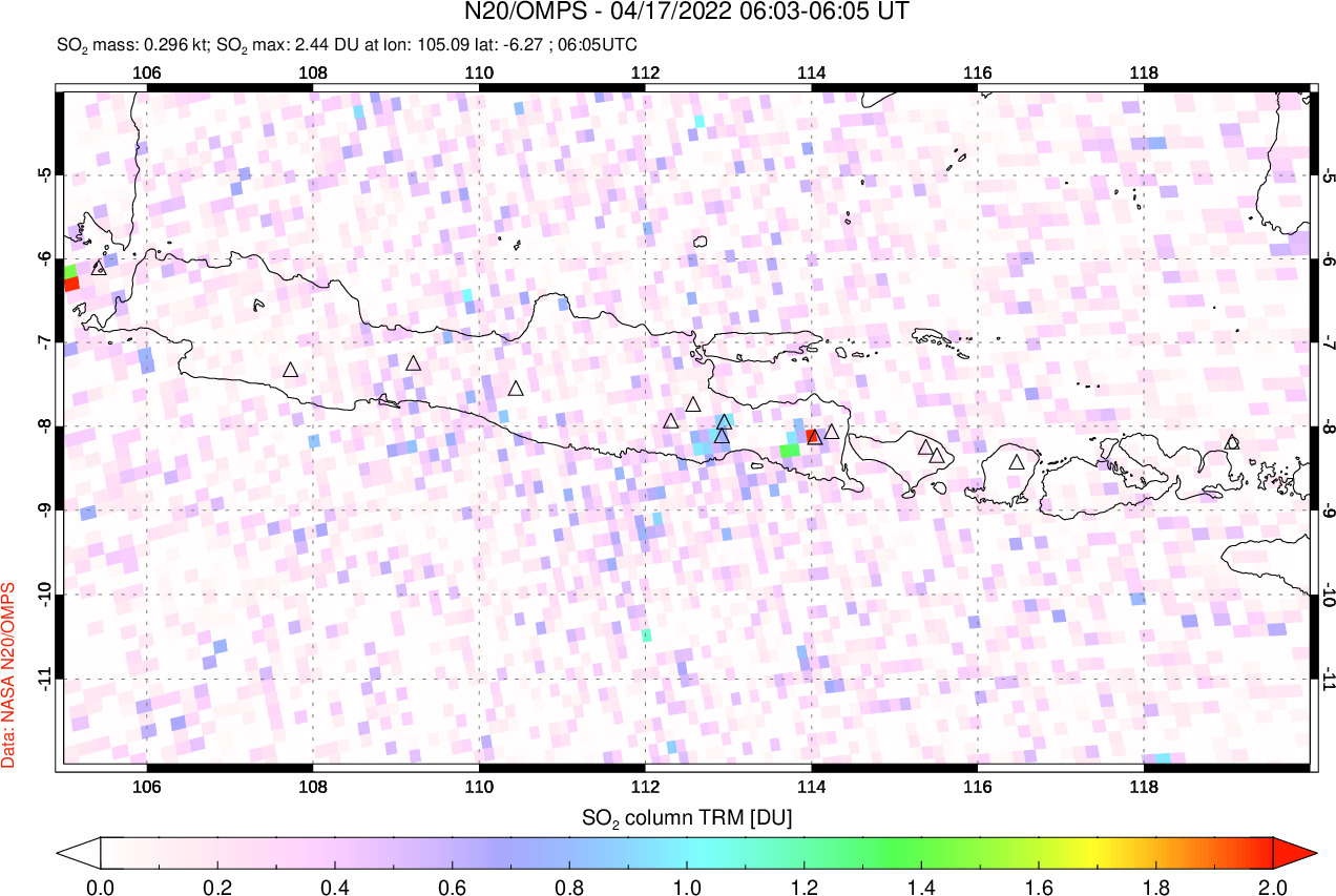 A sulfur dioxide image over Java, Indonesia on Apr 17, 2022.