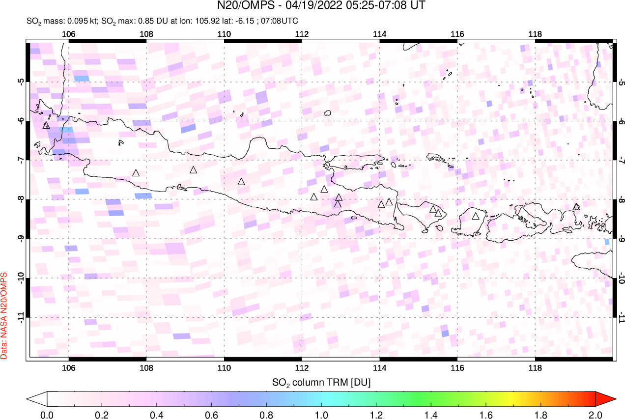 A sulfur dioxide image over Java, Indonesia on Apr 19, 2022.