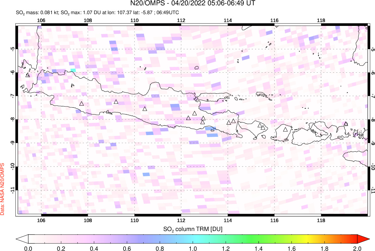 A sulfur dioxide image over Java, Indonesia on Apr 20, 2022.