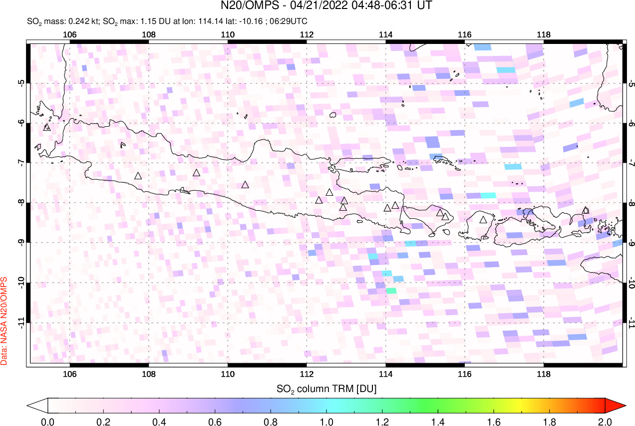 A sulfur dioxide image over Java, Indonesia on Apr 21, 2022.