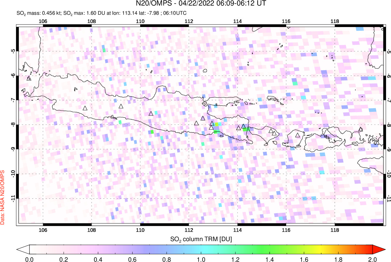 A sulfur dioxide image over Java, Indonesia on Apr 22, 2022.