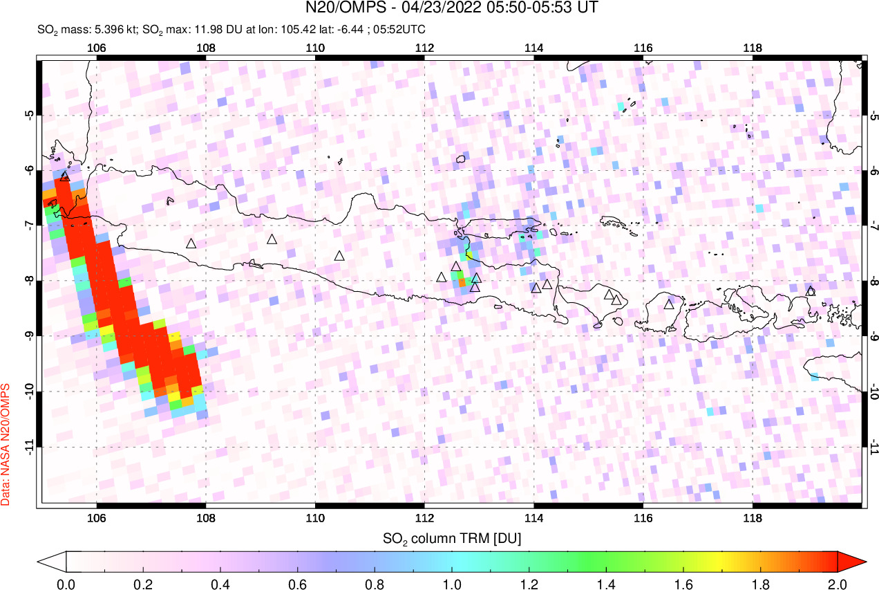 A sulfur dioxide image over Java, Indonesia on Apr 23, 2022.