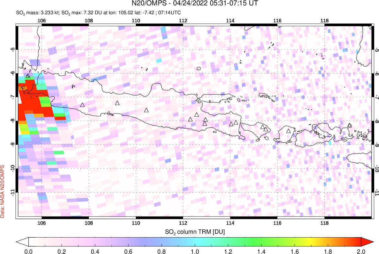 A sulfur dioxide image over Java, Indonesia on Apr 24, 2022.