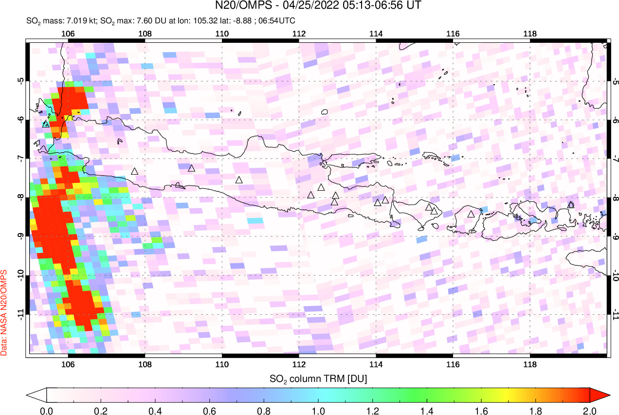 A sulfur dioxide image over Java, Indonesia on Apr 25, 2022.
