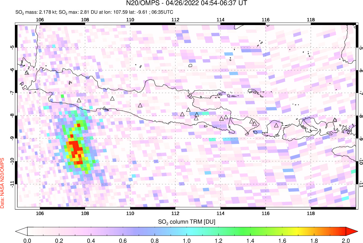 A sulfur dioxide image over Java, Indonesia on Apr 26, 2022.