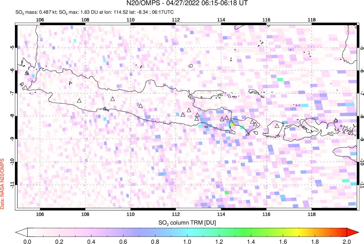 A sulfur dioxide image over Java, Indonesia on Apr 27, 2022.