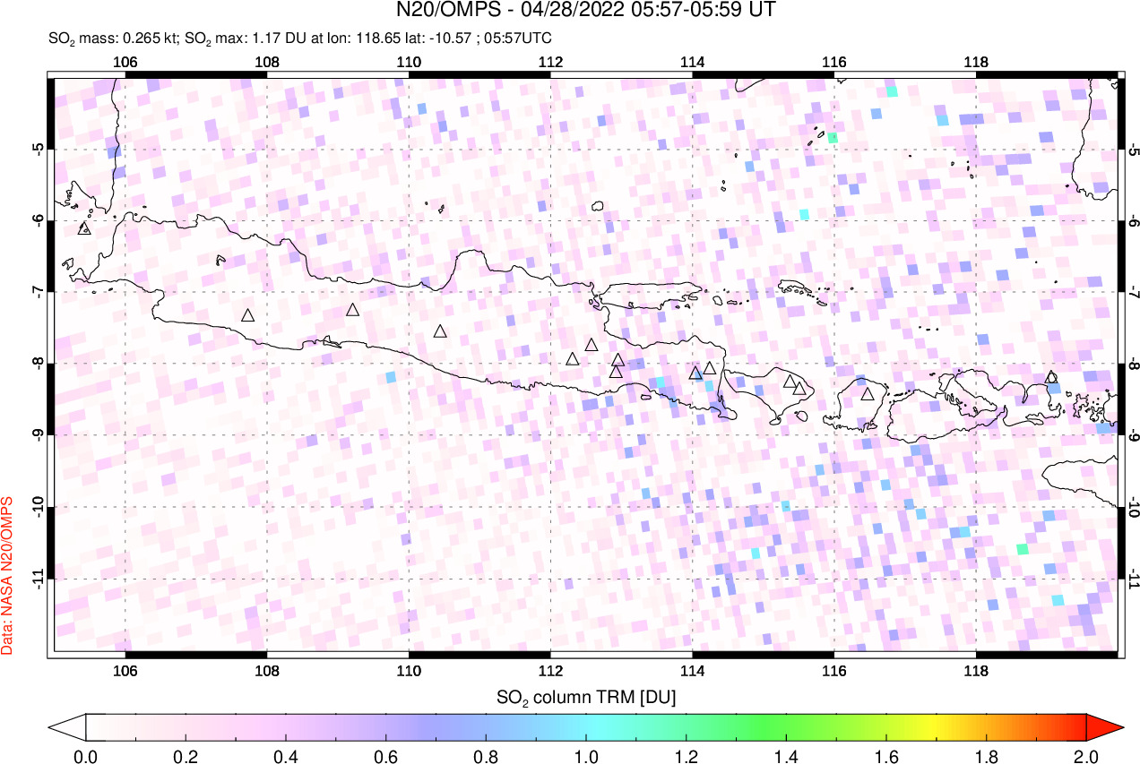 A sulfur dioxide image over Java, Indonesia on Apr 28, 2022.