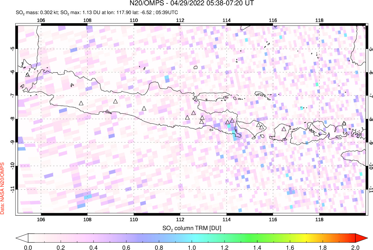 A sulfur dioxide image over Java, Indonesia on Apr 29, 2022.