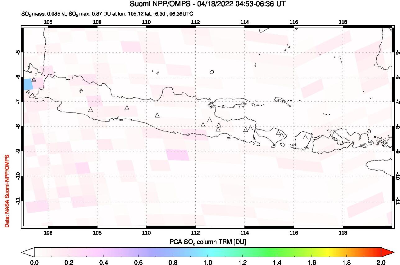 A sulfur dioxide image over Java, Indonesia on Apr 18, 2022.