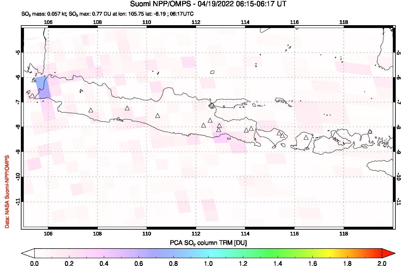A sulfur dioxide image over Java, Indonesia on Apr 19, 2022.