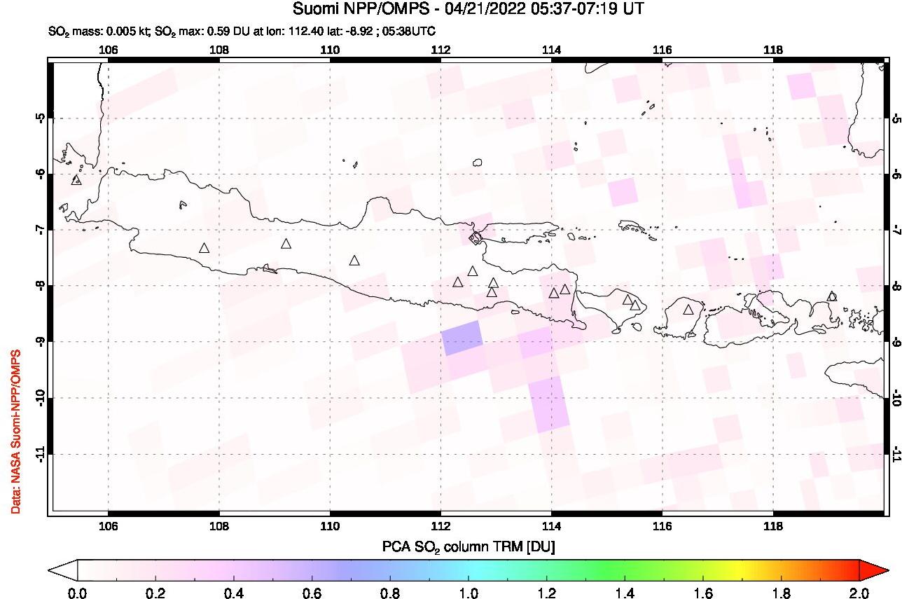 A sulfur dioxide image over Java, Indonesia on Apr 21, 2022.