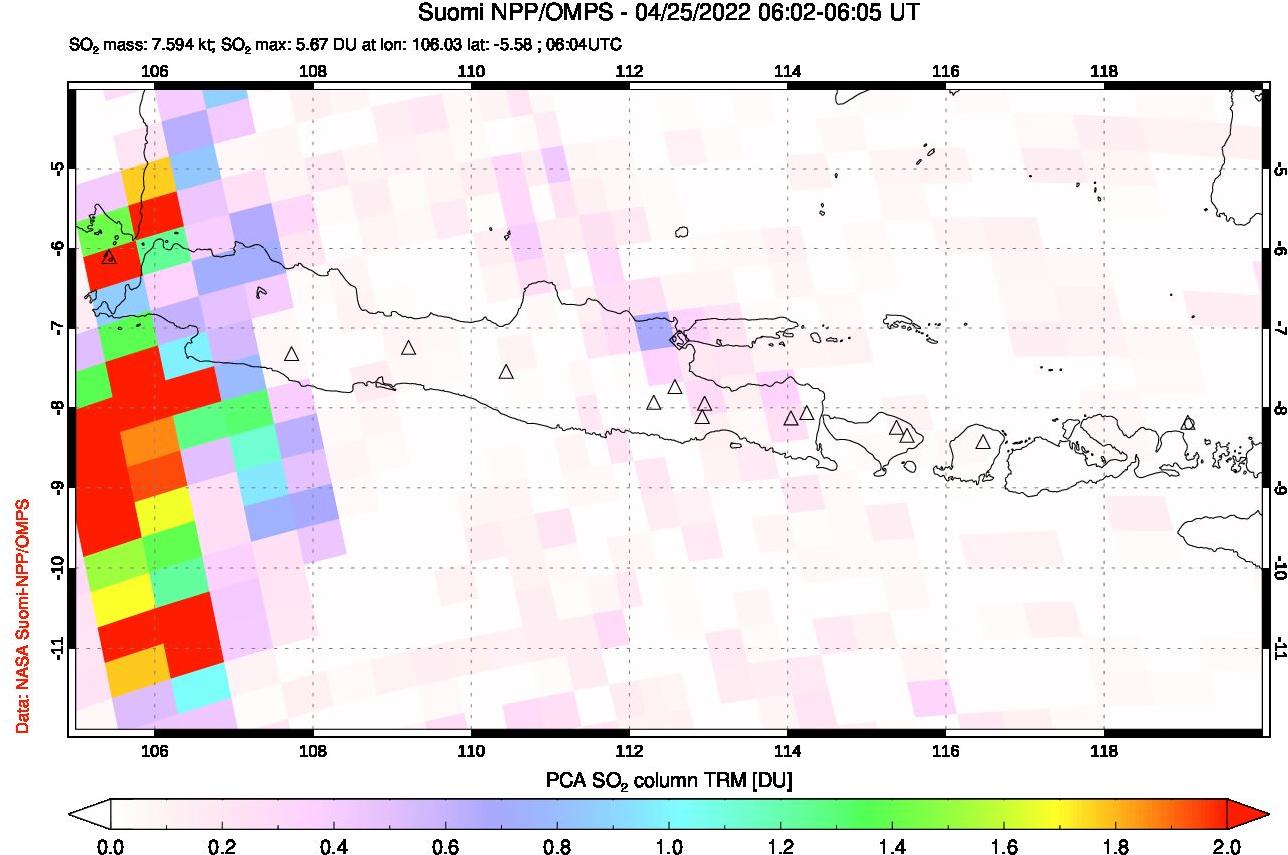 A sulfur dioxide image over Java, Indonesia on Apr 25, 2022.