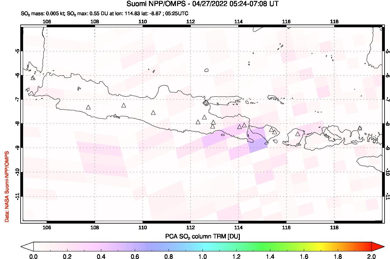 A sulfur dioxide image over Java, Indonesia on Apr 27, 2022.
