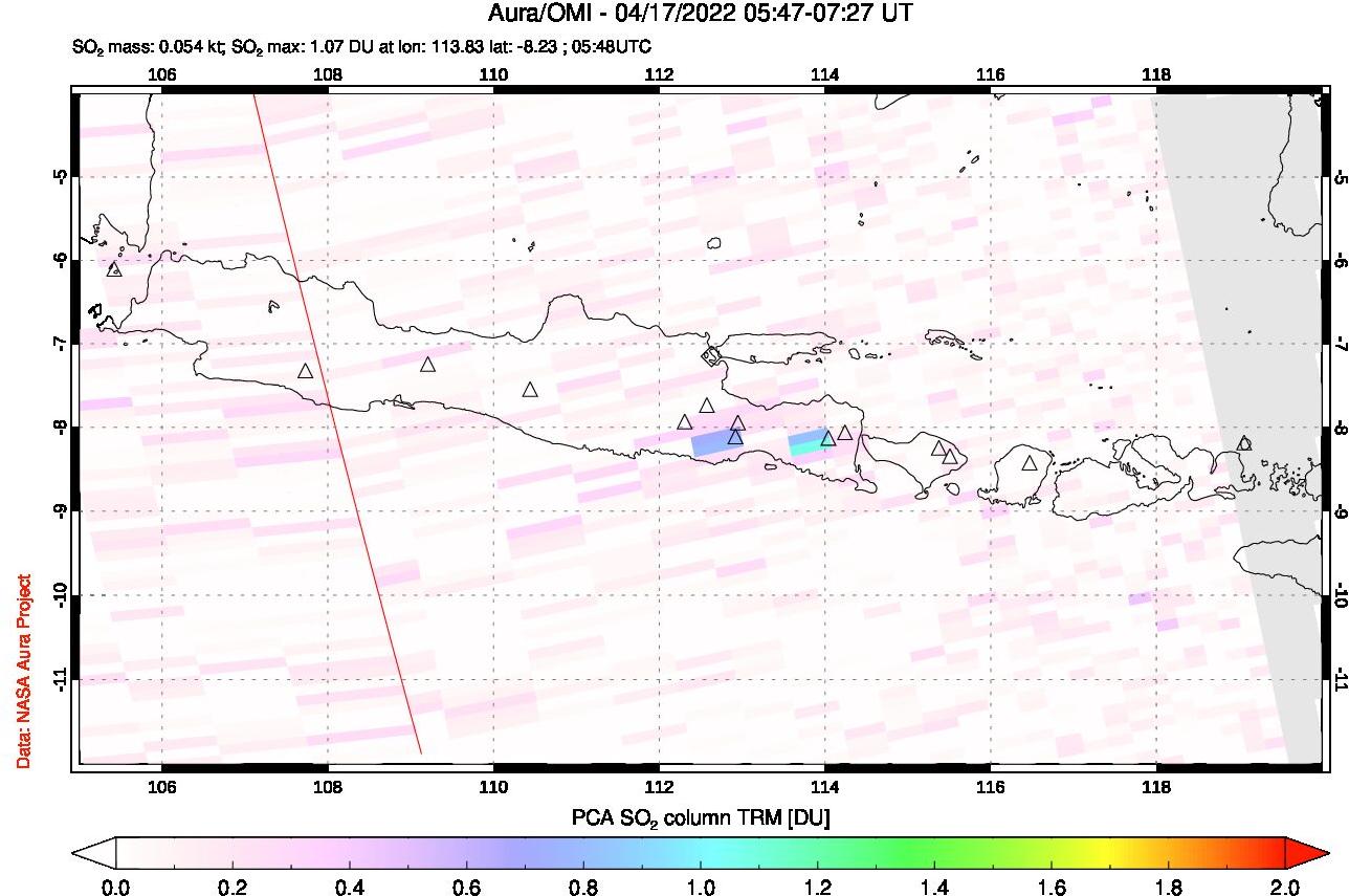 A sulfur dioxide image over Java, Indonesia on Apr 17, 2022.