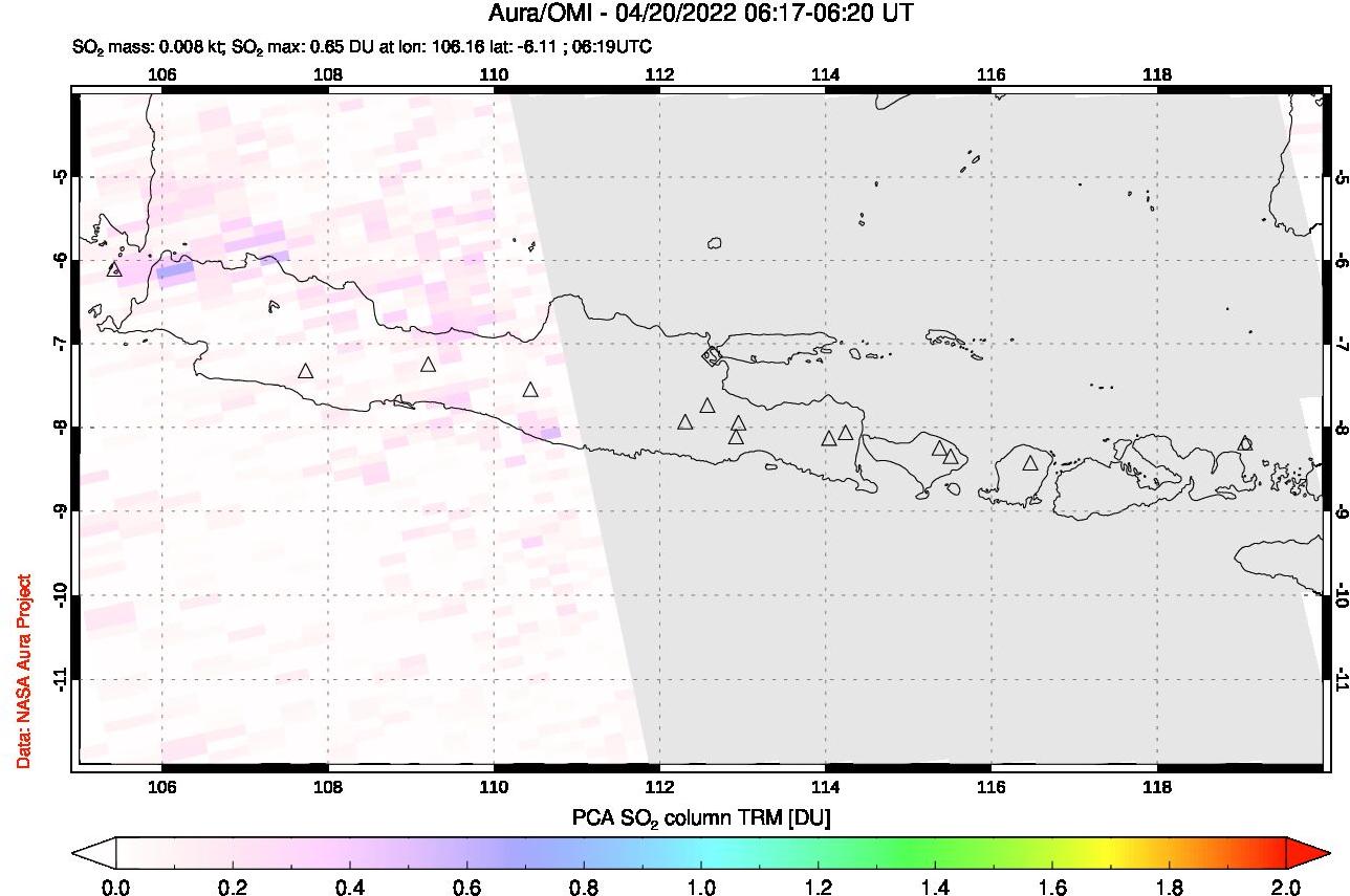 A sulfur dioxide image over Java, Indonesia on Apr 20, 2022.