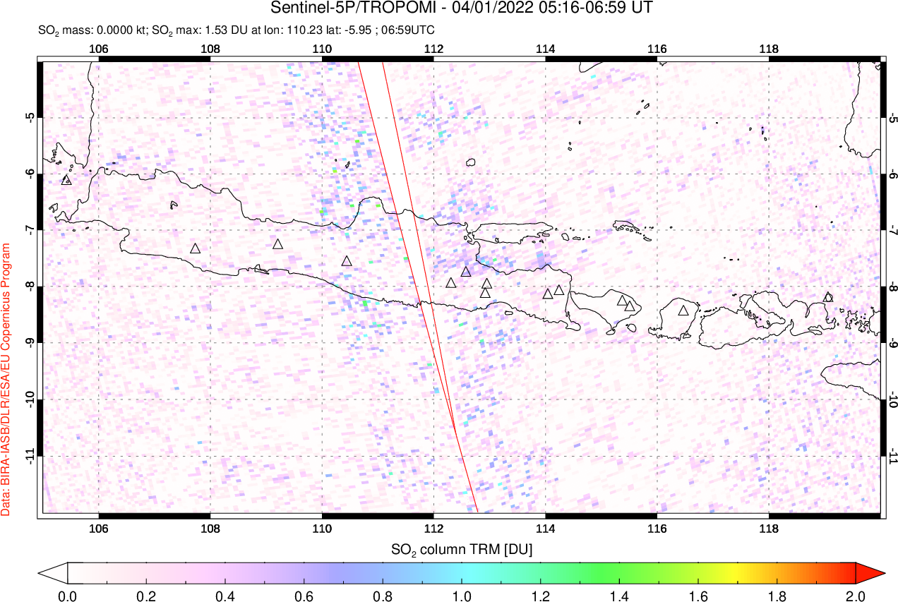 A sulfur dioxide image over Java, Indonesia on Apr 01, 2022.