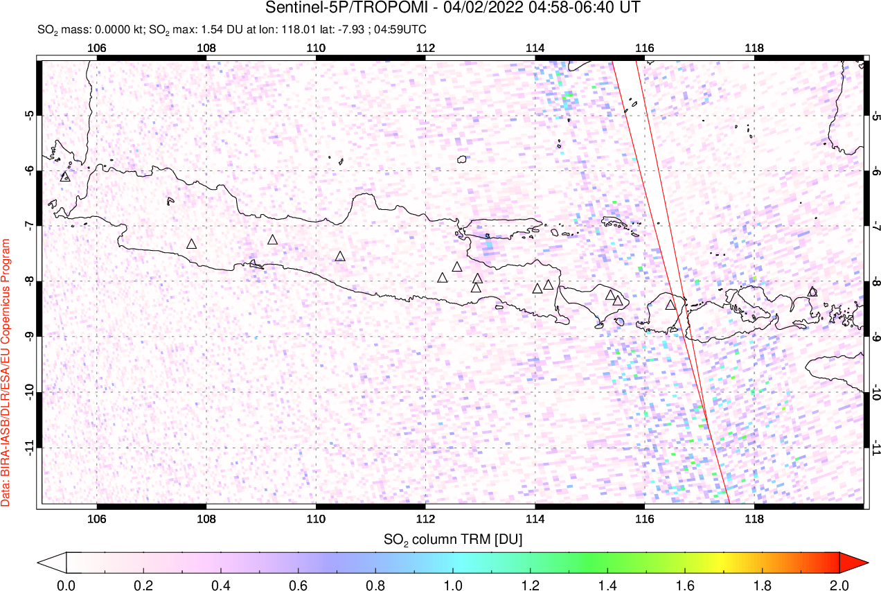 A sulfur dioxide image over Java, Indonesia on Apr 02, 2022.