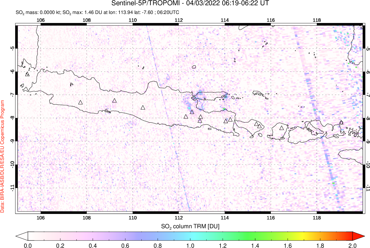 A sulfur dioxide image over Java, Indonesia on Apr 03, 2022.
