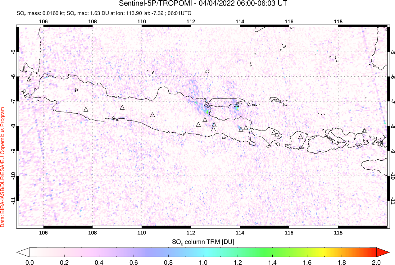A sulfur dioxide image over Java, Indonesia on Apr 04, 2022.