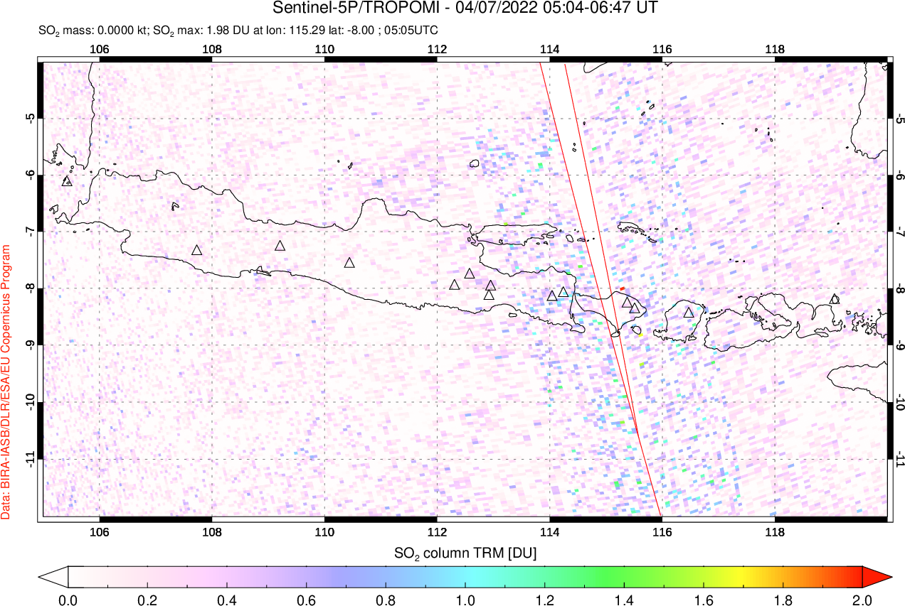 A sulfur dioxide image over Java, Indonesia on Apr 07, 2022.