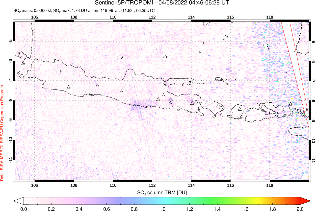 A sulfur dioxide image over Java, Indonesia on Apr 08, 2022.