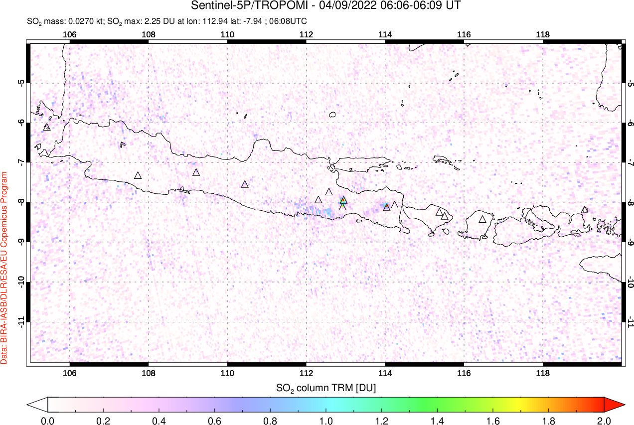 A sulfur dioxide image over Java, Indonesia on Apr 09, 2022.