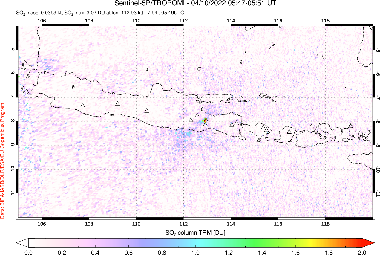 A sulfur dioxide image over Java, Indonesia on Apr 10, 2022.