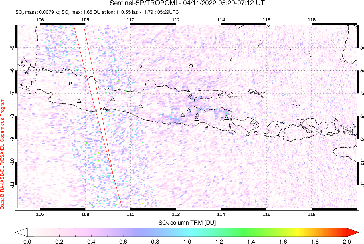 A sulfur dioxide image over Java, Indonesia on Apr 11, 2022.