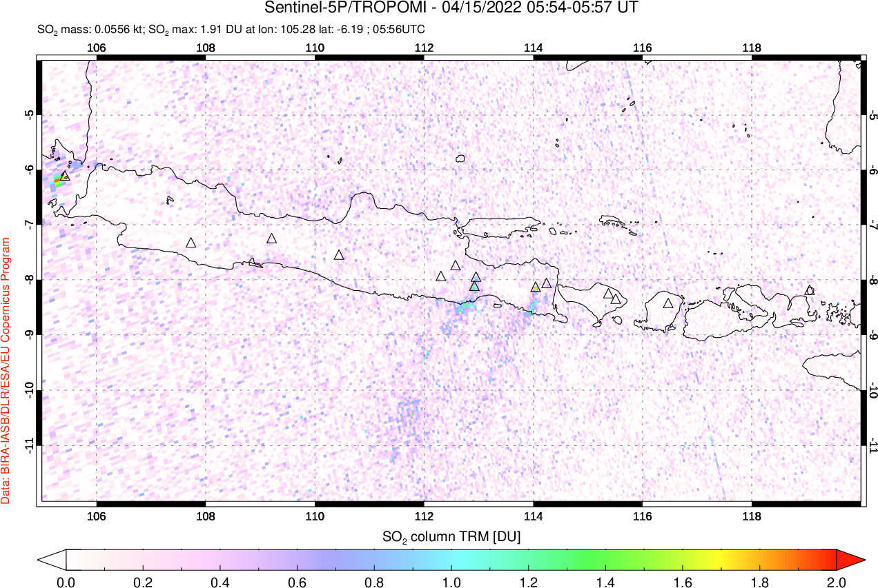 A sulfur dioxide image over Java, Indonesia on Apr 15, 2022.