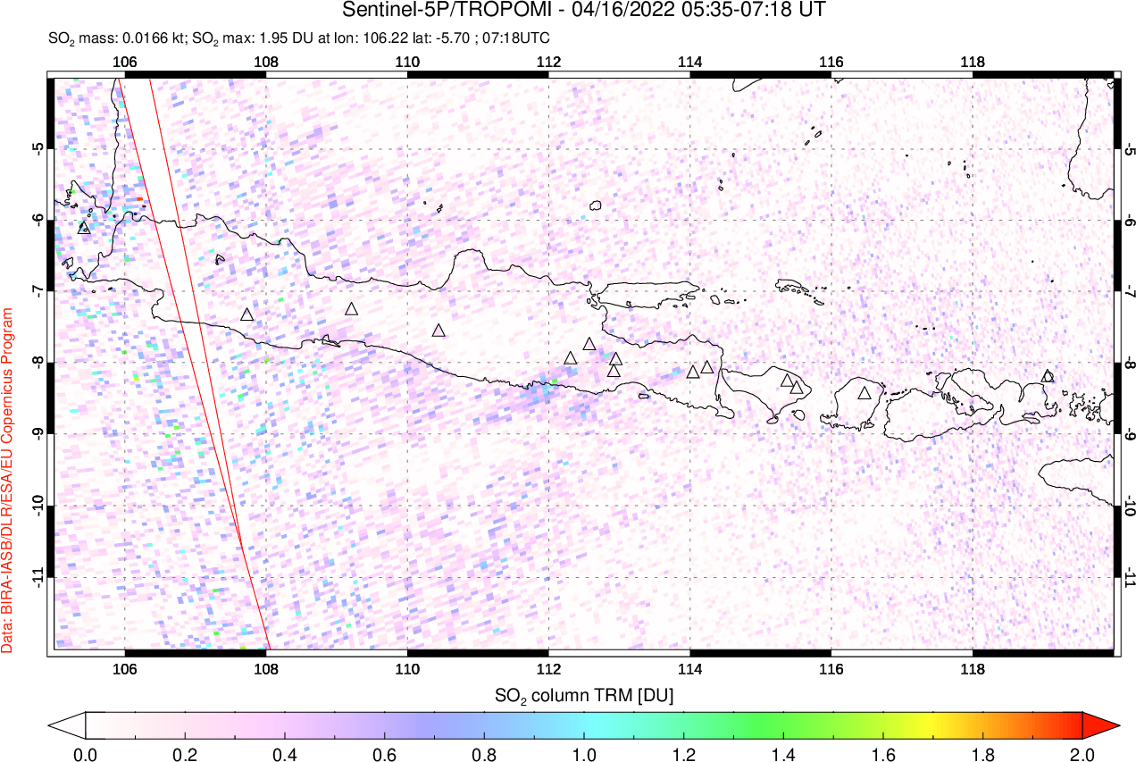 A sulfur dioxide image over Java, Indonesia on Apr 16, 2022.