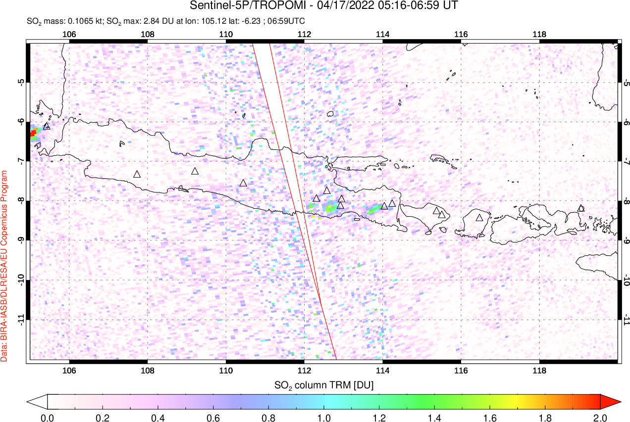 A sulfur dioxide image over Java, Indonesia on Apr 17, 2022.
