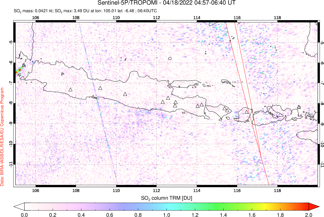 A sulfur dioxide image over Java, Indonesia on Apr 18, 2022.