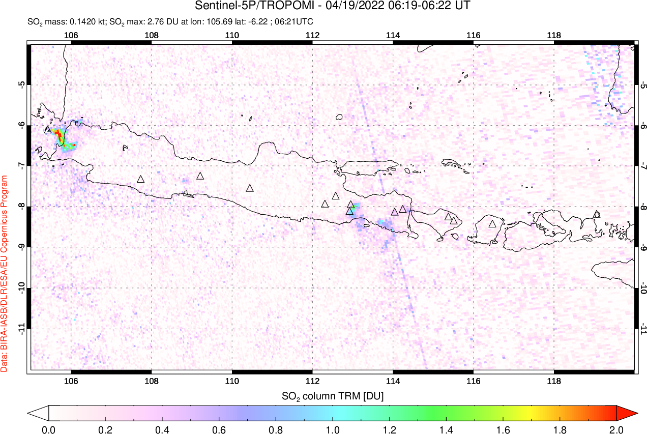A sulfur dioxide image over Java, Indonesia on Apr 19, 2022.
