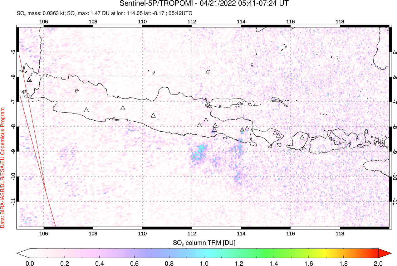 A sulfur dioxide image over Java, Indonesia on Apr 21, 2022.